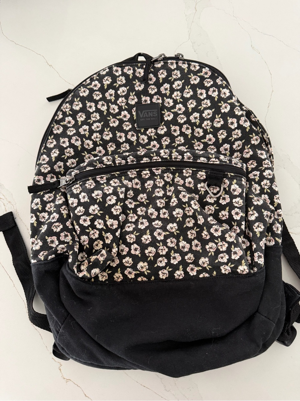 Vans Black Floral Canvas Backpack - Black with Pink and white Flowers